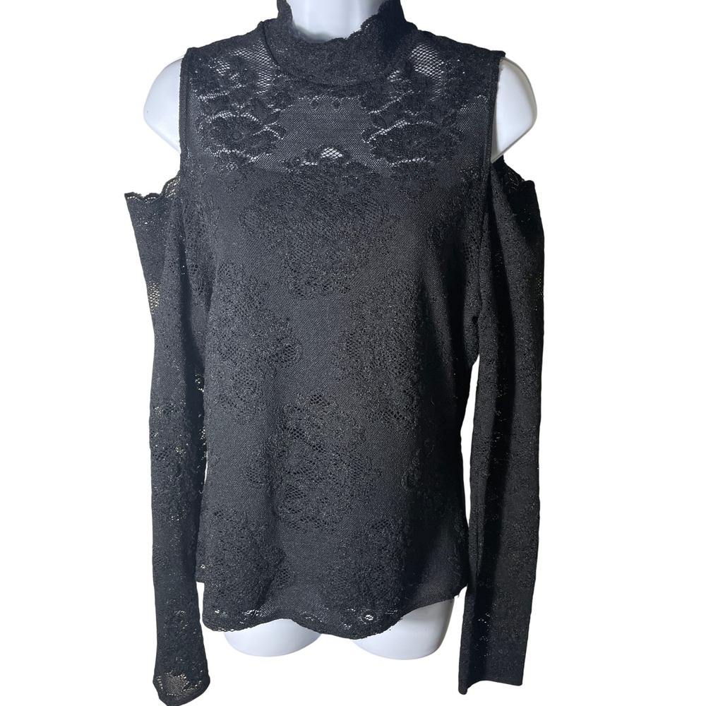 Womens Whimsigoth Emo Black Floral Lace Cold Shoulder Mock Neck Top L Witchy